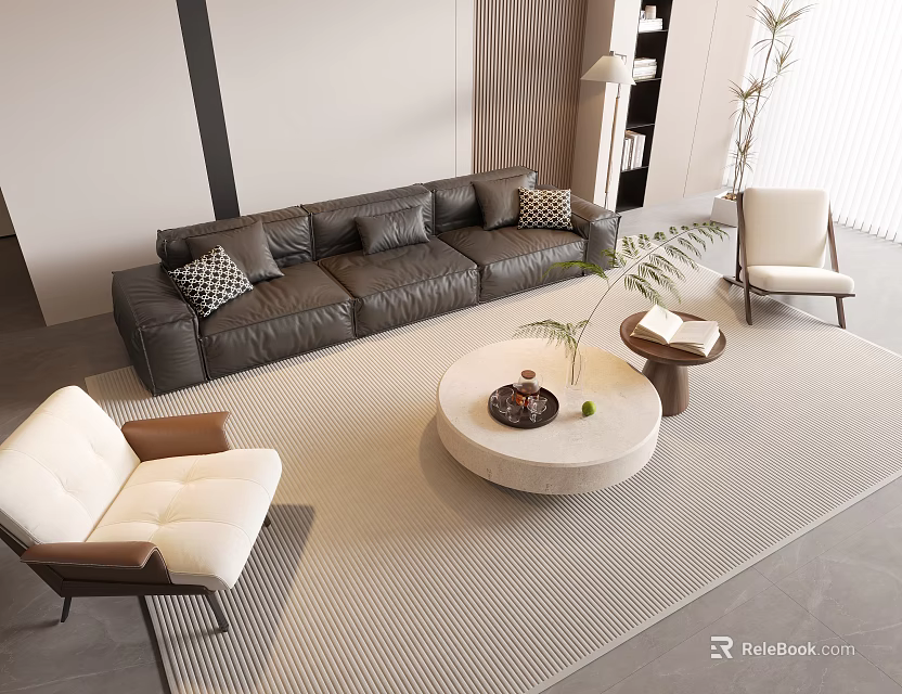 Dark Gray Leather Sofa and Round White Coffee Table Set with Pillows and Beige Armchair 3d model 
