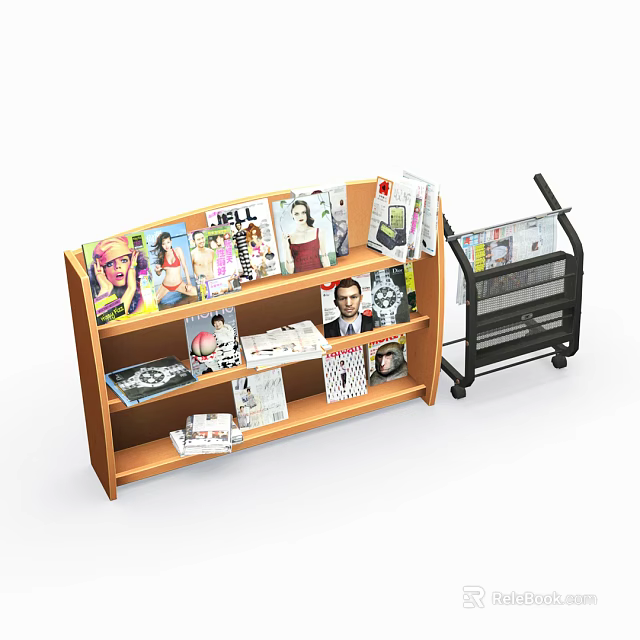Wooden Multi Tiered Display Shelf Featuring Neatly Arranged Magazines Books And Black Shopping Cart 3d model 