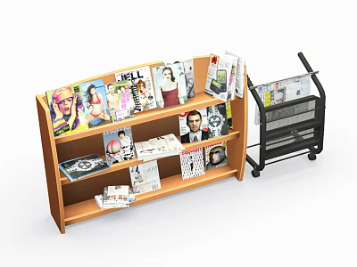 Wooden Multi Tiered Display Shelf Featuring Neatly Arranged Magazines Books And Black Shopping Cart 3d model