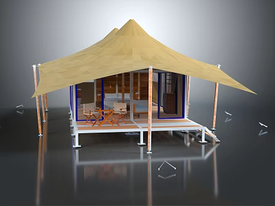 Yellow Canopy Tent With Wooden Frame Platform Deck Including Table And Chairs 3d model