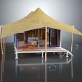 Yellow Canopy Tent With Wooden Frame Platform Deck Including Table And Chairs