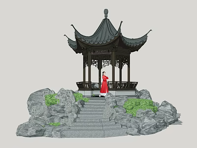 Traditional Chinese Pavilion Scene With Red Clothed Figure And Stone Landscaping 3d model