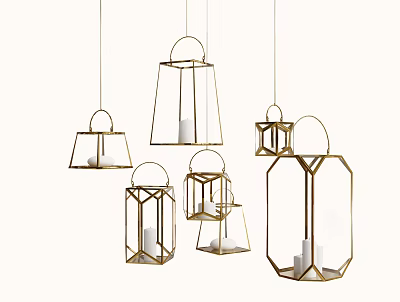 Stylish Hanging Golden Frame Lantern Shaped Decorative Ornament Set With White Candles 3d model