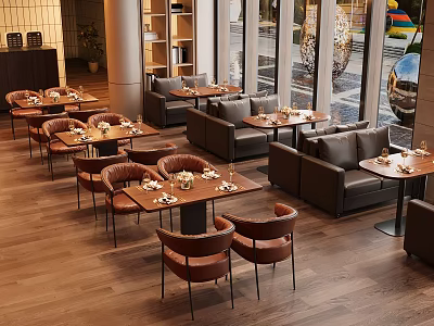 Stylish Restaurant Interior With Wooden Flooring Tables Chairs Sofa Seating And Large Windows 3d model