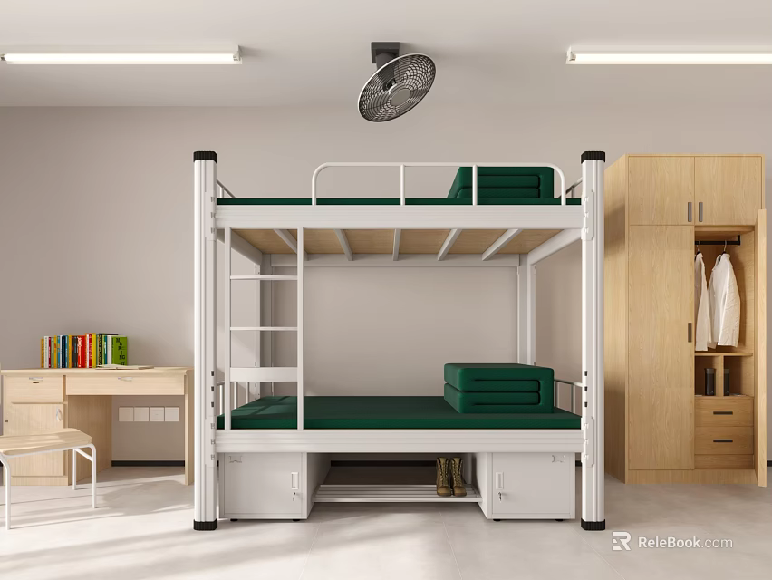 Functional Dormitory Interior With Bunk Bed Desk Wardrobe Storage And Ceiling Fan 3d model 