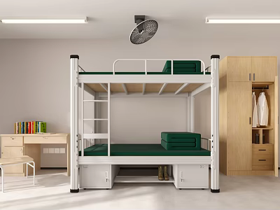 Functional Dormitory Interior With Bunk Bed Desk Wardrobe Storage And Ceiling Fan 3d model