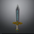Mythical Weapon With Silver Sword Blade Blue Glowing Patterns And Golden Wing Shaped Hilt