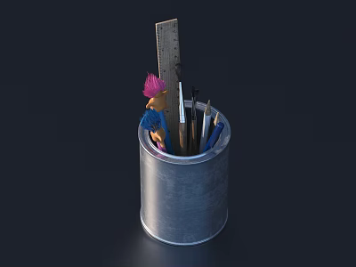 Metal Pen Holder With Ruler Scissors Pencils And Pink Hair Doll 3d model