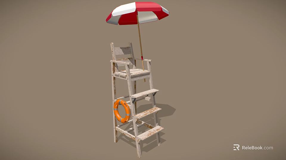 Outdoor Wooden Ladder Chair With Red White Umbrella And Orange Lifebuoy 3d model 