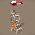 Outdoor Wooden Ladder Chair With Red White Umbrella And Orange Lifebuoy