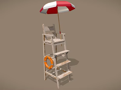 Outdoor Wooden Ladder Chair With Red White Umbrella And Orange Lifebuoy 3d model