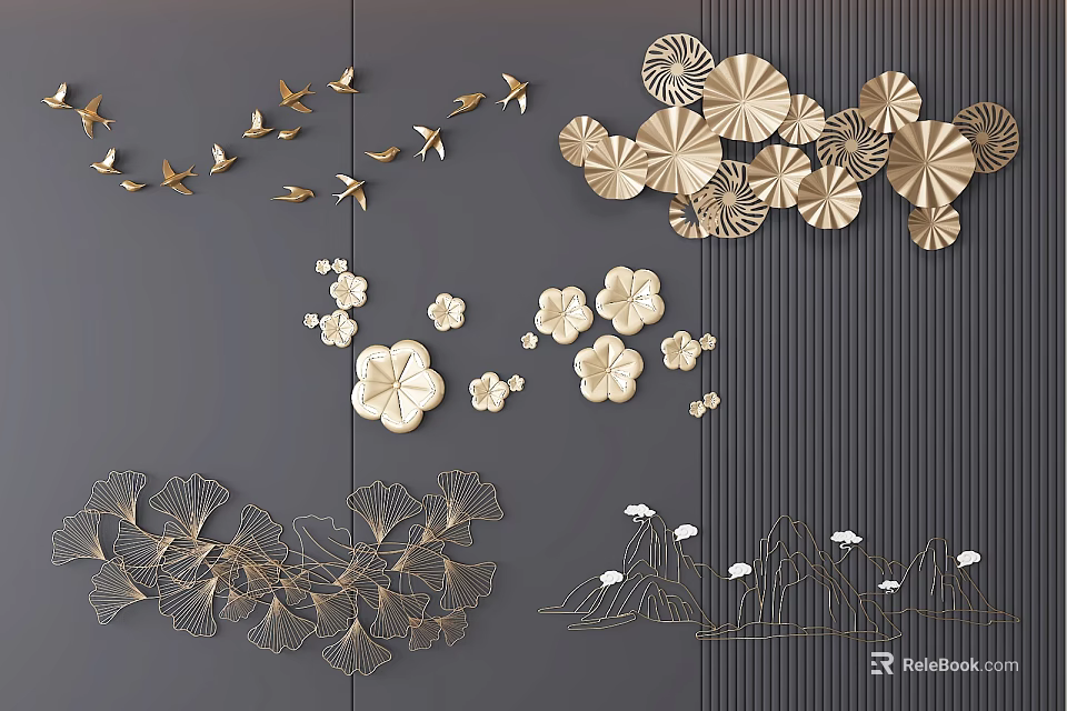 Golden Decorative Wall Hangings With Flower Ginkgo Leaf Bird And Mountain Patterns 3d model