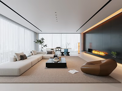 Modern Living Room With White Sofa Brown Armchair Black Coffee Table Fireplace Large Windows And Rug 3d model