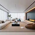 Modern Living Room With White Sofa Brown Armchair Black Coffee Table Fireplace Large Windows And Rug