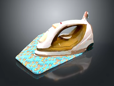 White Iron With Red Details On Blue Ironing Board With Floral Pattern 3d model