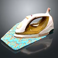 White Iron With Red Details On Blue Ironing Board With Floral Pattern