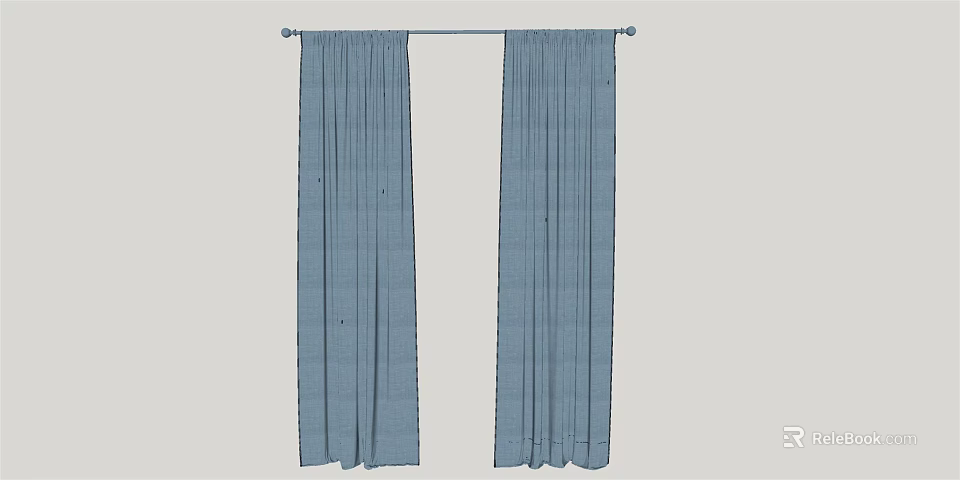 Blue Pleated Curtains Hanging on Curtain Rod for Home Window Decor 3d model 