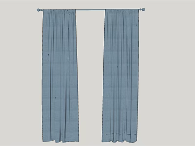 Blue Pleated Curtains Hanging on Curtain Rod for Home Window Decor 3d model