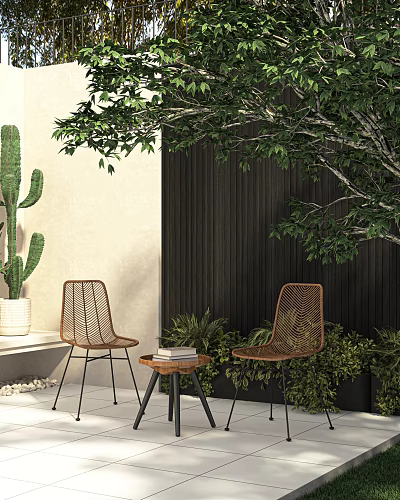 Outdoor Table With Woven Rattan Chairs Green Plants And Cactus In Garden Area 3d model
