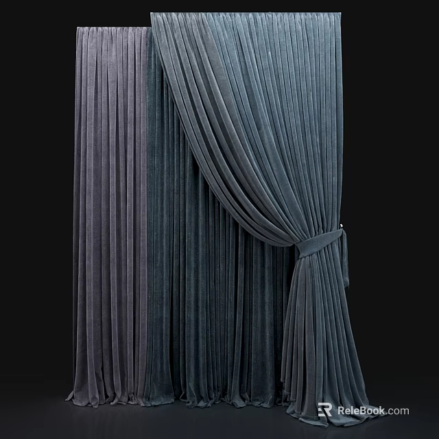 Luxurious Deep Gray Velvet Curtains With Elegant Draped Design And Tied Sash 3d model 