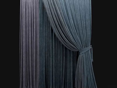 Luxurious Deep Gray Velvet Curtains With Elegant Draped Design And Tied Sash 3d model