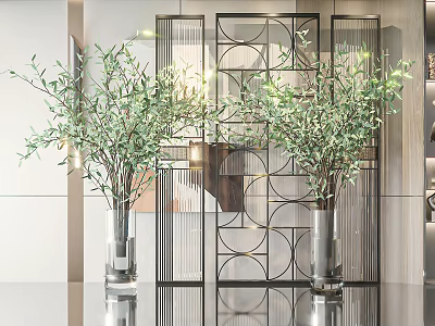 Glass Vases Holding Green Leafy Plants In Modern Interior With Geometric Black Metal Screen 3d model