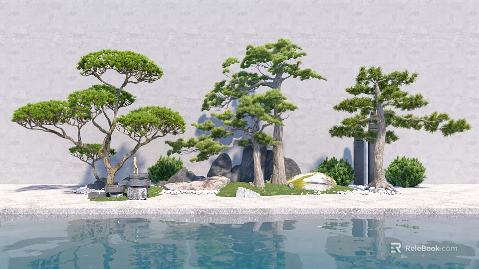 Tranquil Courtyard Garden With Tall Pine Trees Decorative Stones Lush Lawn And Calm Water Surface 3d model 