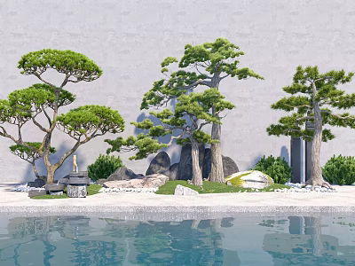 Tranquil Courtyard Garden With Tall Pine Trees Decorative Stones Lush Lawn And Calm Water Surface 3d model