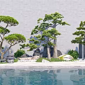 Tranquil Courtyard Garden With Tall Pine Trees Decorative Stones Lush Lawn And Calm Water Surface