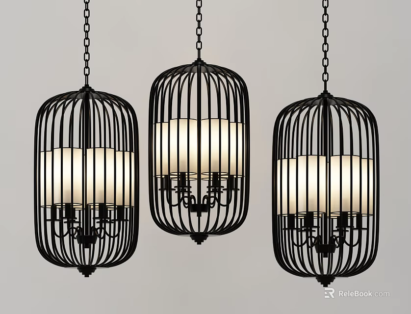 Black Cage Shaped Chandeliers Hanging With Chains And Interior Bulbs 3d model 