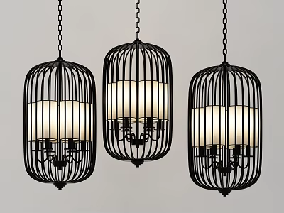 Black Cage Shaped Chandeliers Hanging With Chains And Interior Bulbs 3d model