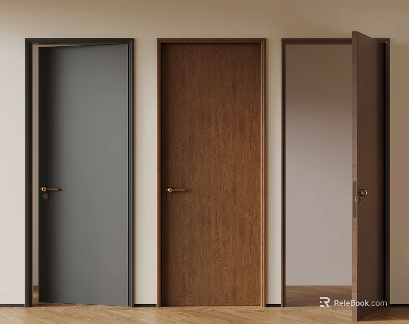 Modern Interior Hinged Doors With Wooden Panels And Metallic Handles Design 3d model 