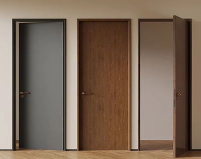Modern Interior Hinged Doors With Wooden Panels And Metallic Handles Design 3d model
