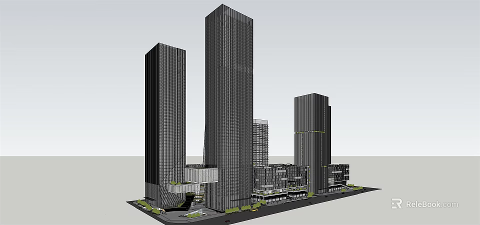 Modern Urban Office Building Complex With Tall Glass Towers And Greenery 3d model 