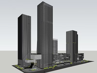 Modern Urban Office Building Complex With Tall Glass Towers And Greenery 3d model