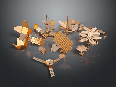 Modern Decorative Scene Featuring Golden Metal Geometric Shapes And Artistic Pieces 3d model