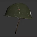 Vintage Green Military Helmet Featuring Worn Surface Scratches And Brown Straps