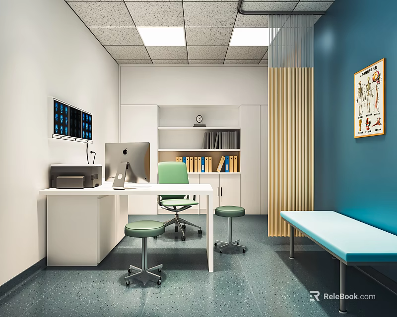 Hospital Outpatient Clinic Room With Medical Desk Computer Chairs Bookshelf And Bench 3d model 