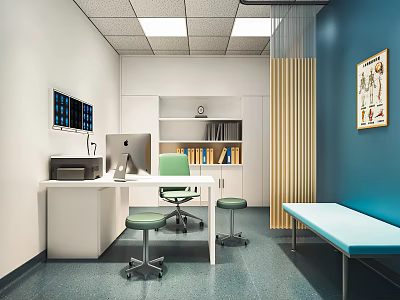 Hospital Outpatient Clinic Room With Medical Desk Computer Chairs Bookshelf And Bench 3d model