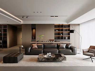 Modern Minimalist Luxury Living Room With Dark Leather Sofa Marble Coffee Table And Warm Ambience 3d model