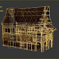 Traditional Wooden House With Thatched Roof Chimney Balcony Lit Windows And Arched Porch