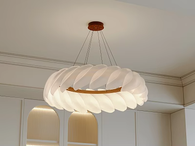 White Petal Shaped Chandelier With Wooden Ring Hanging In Minimalist Interior Space 3d model