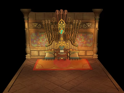 Elegant Musical Instruments And Art Supplies Display With Ornate Shelves And Colorful Artworks 3d model