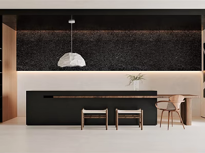 Modern Bar Design With White Pendant Light Black Accent Wall And Wooden Stools 3d model