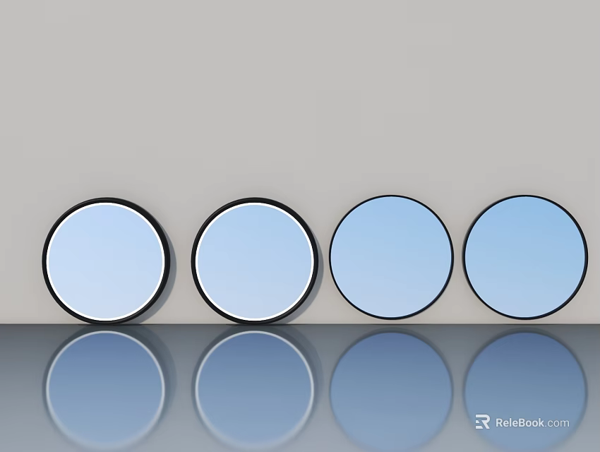 Modern Swing Door With Round Blue Glass Panels And Gray Background Reflection 3d model 