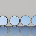 Modern Swing Door With Round Blue Glass Panels And Gray Background Reflection