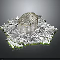 Birds Inside Metal Birdcage On White Snow Like Ground With Green Edges