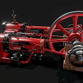 Red Steam Locomotive Model With Large Wheels And Mechanical Parts On Black Background
