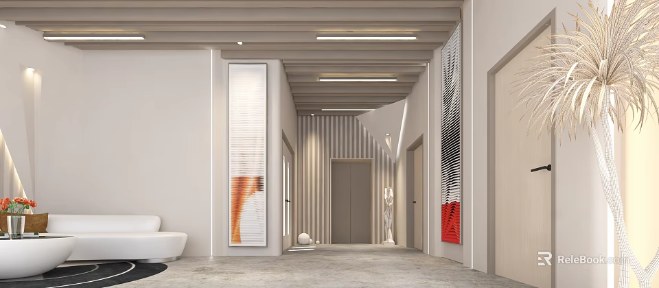 Modern Front Desk Reception Interior Design With Stylish Lighting And Wall Art 3d model 