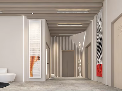 Modern Front Desk Reception Interior Design With Stylish Lighting And Wall Art 3d model